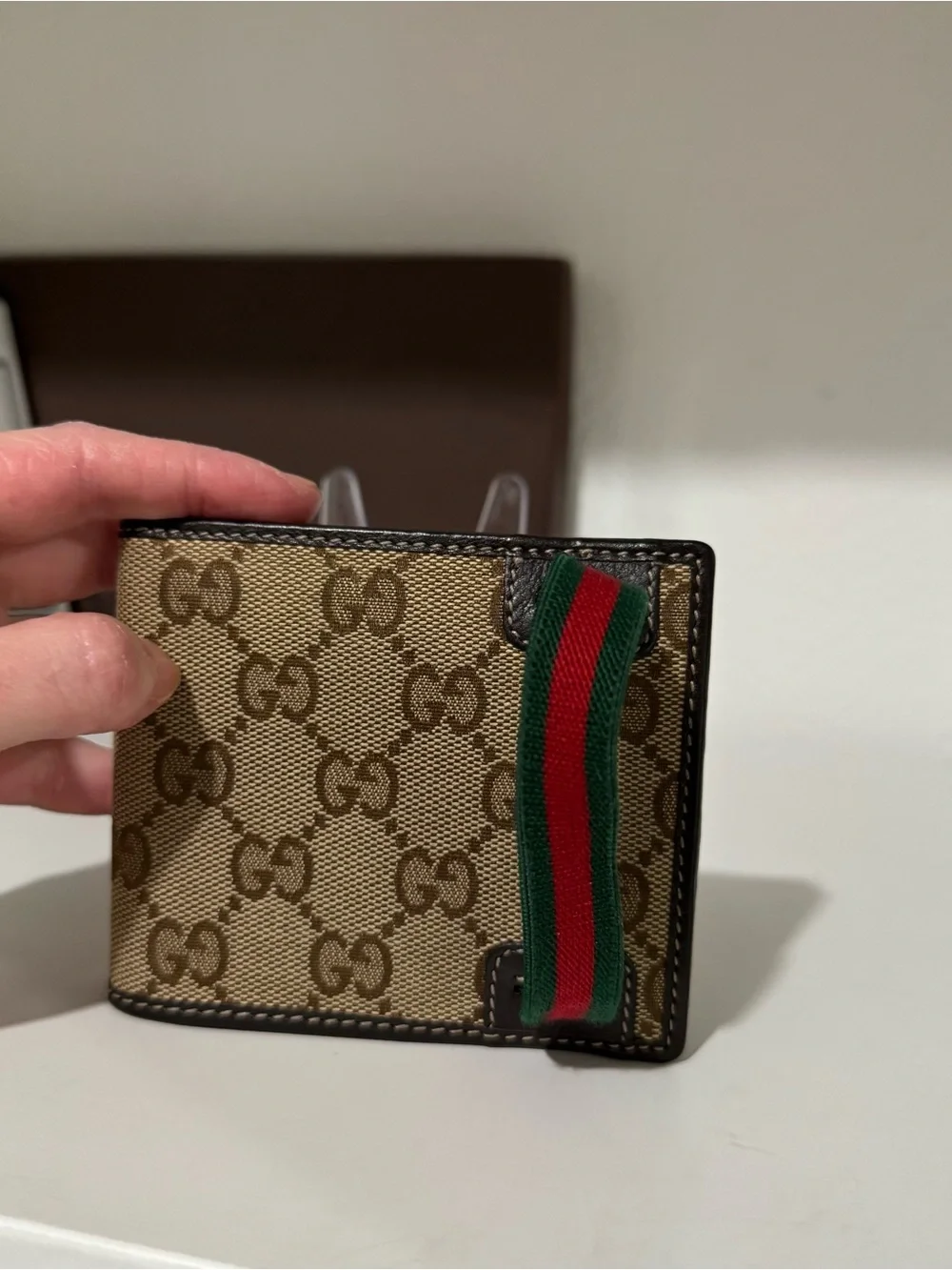 Gucci Beige Brown GG Supreme Canvas Money Clip with Green-Red Web
